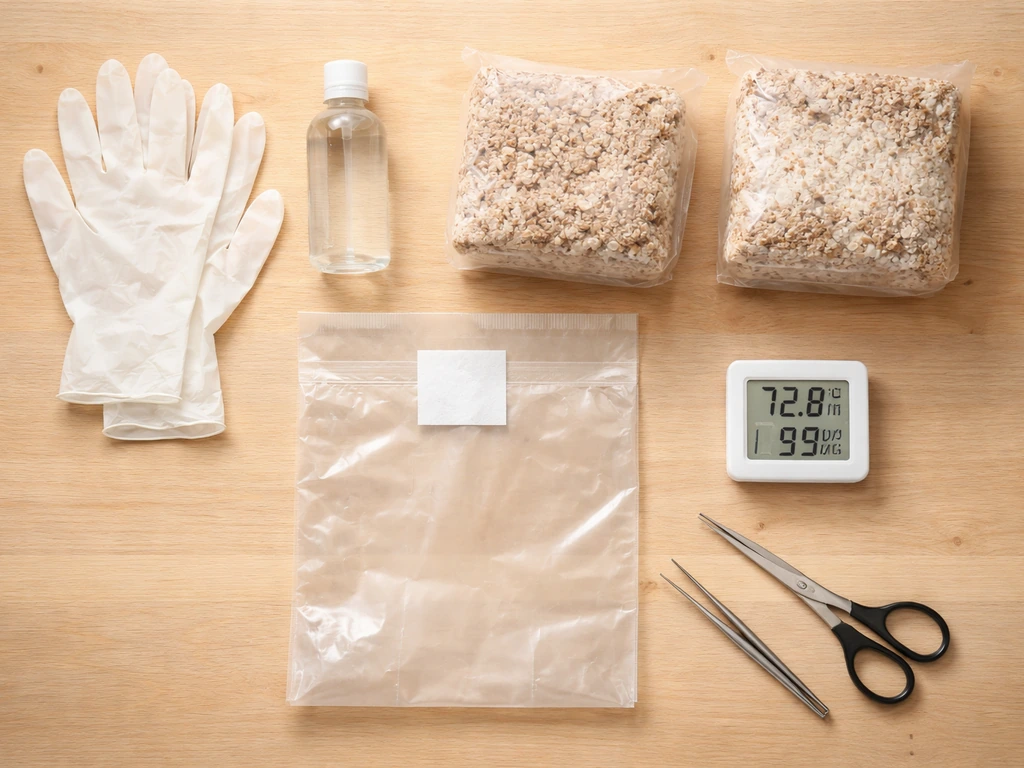 Overhead view of neatly arranged mushroom growing supplies on a wooden workbench.