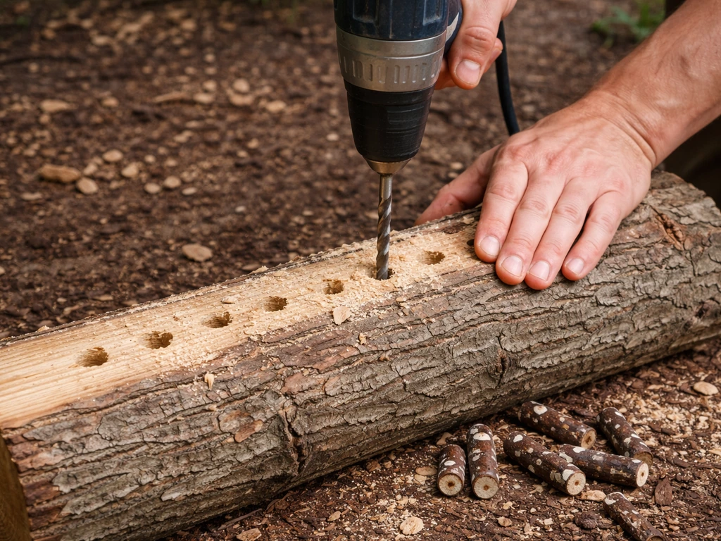 Hands drilling a hardwood log with plug spawn pieces nearby in a quiet garden setting.