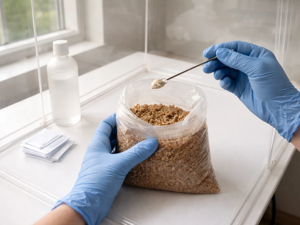 Gloved hands inoculate an open substrate bag inside a clear still-air box on a clean surface.