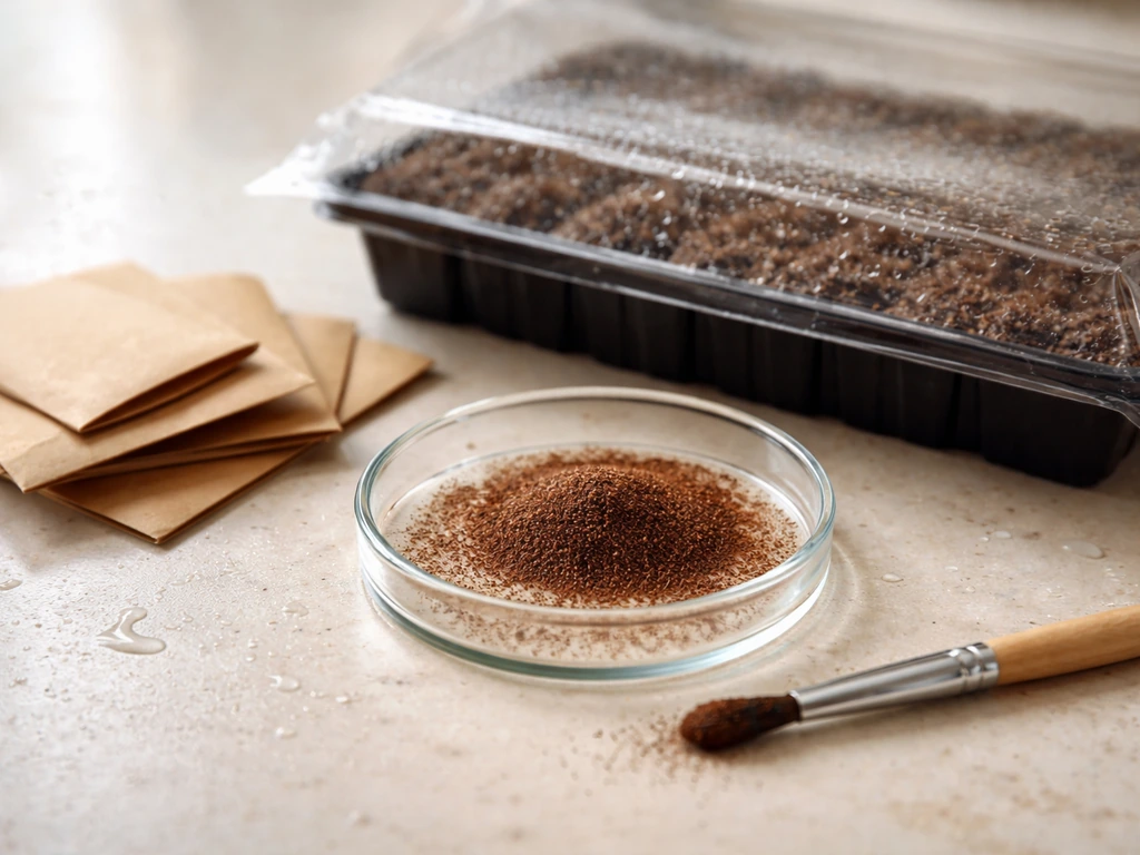 Ostrich fern spore powder on a small dish with a moist setup for sowing, close-up.