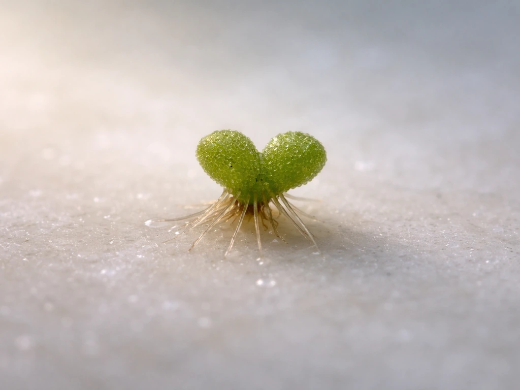 Macro view of an ostrich fern prothallus forming from a spore with tiny rhizoids in moist substrate.