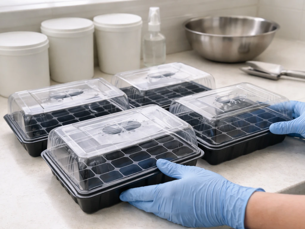 Gloved hands prepping disinfected seed-starting trays on a clean countertop with sealed containers.