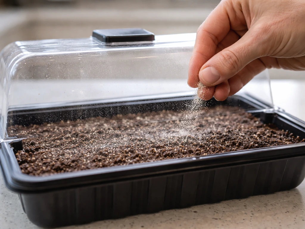 Hands lightly sprinkling spore powder onto moist germination medium in a small tray under a clear dome.