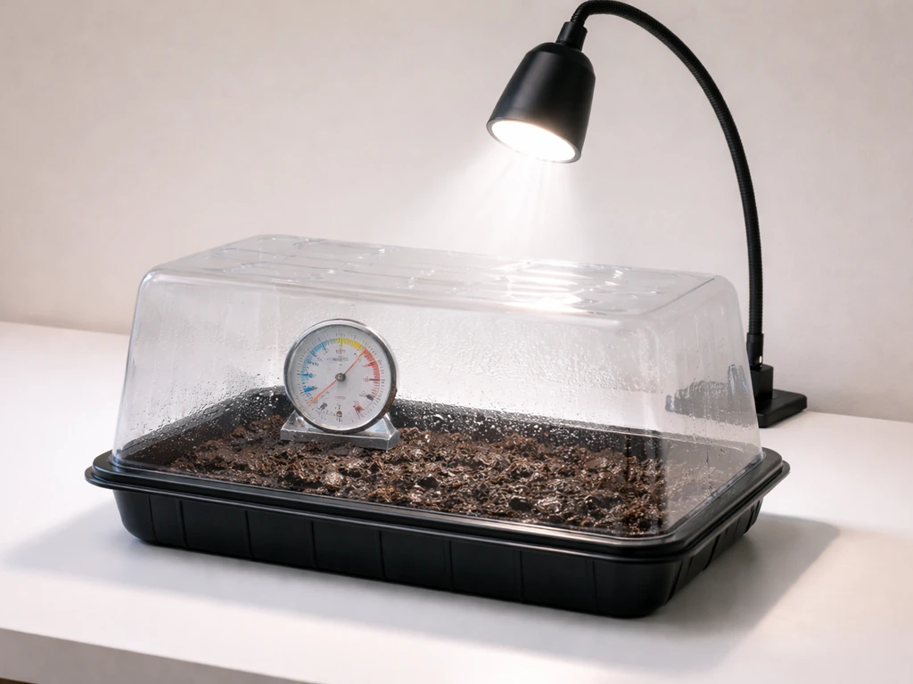 Mini greenhouse with a clear humidity dome, moist soil, thermometer-hygrometer, and grow light in a simple room setup.