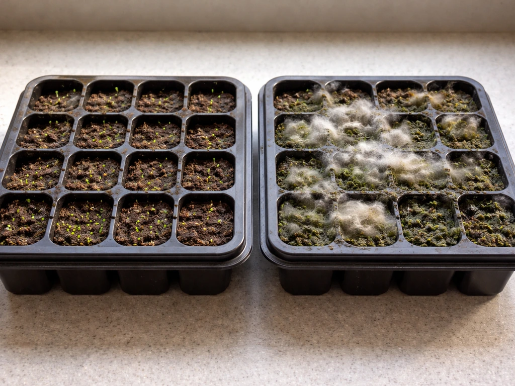 Two small plant-propagation trays side by side: healthy early green growth vs moldy algae overgrowth.
