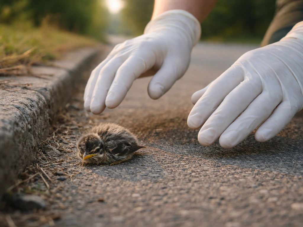 Gloved rescuer pauses above a baby bird near a road edge, calmly assessing before touching.