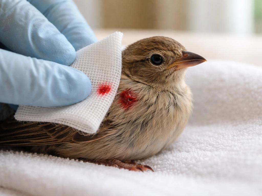 Gloved hands gently holding sterile gauze on a bleeding bird wound, no rubbing, calm first-aid scene.
