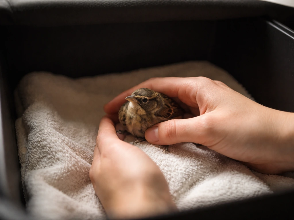 Rescued small bird resting in a dark, quiet recovery box with careful hands nearby
