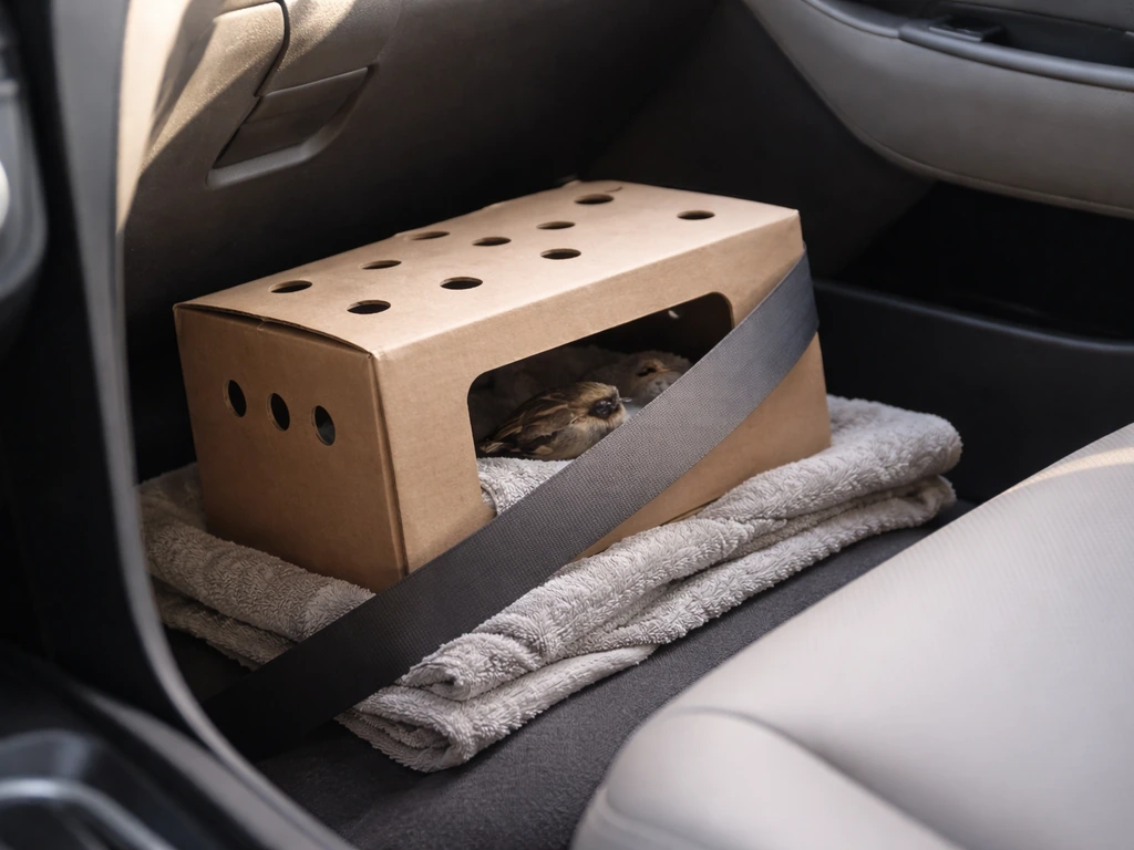 In-car view of a ventilated cardboard carrier with a small injured bird secured by a seat belt.
