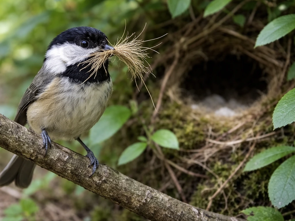Small songbird perched with twigs and grass in its beak near a hidden nest in leafy woodland.