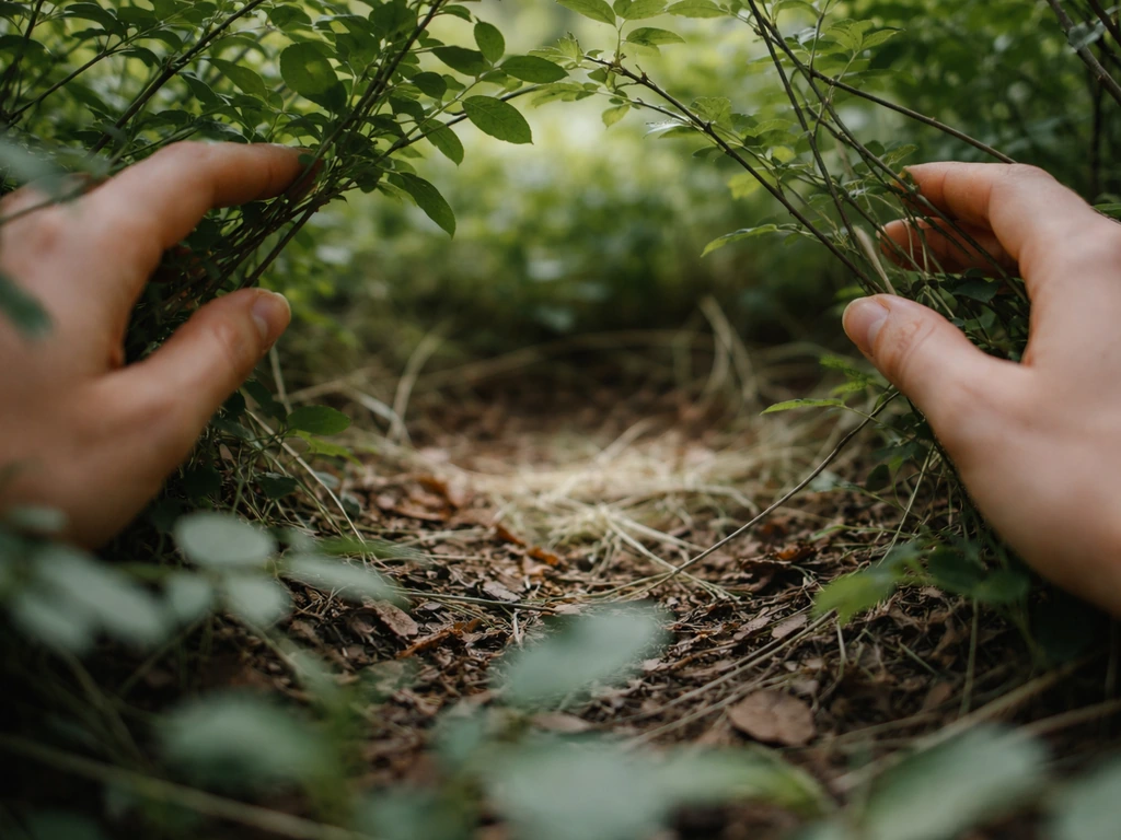 Close-up hands gently parting shrub branches near the ground, with a quiet nest-like spot in the background.