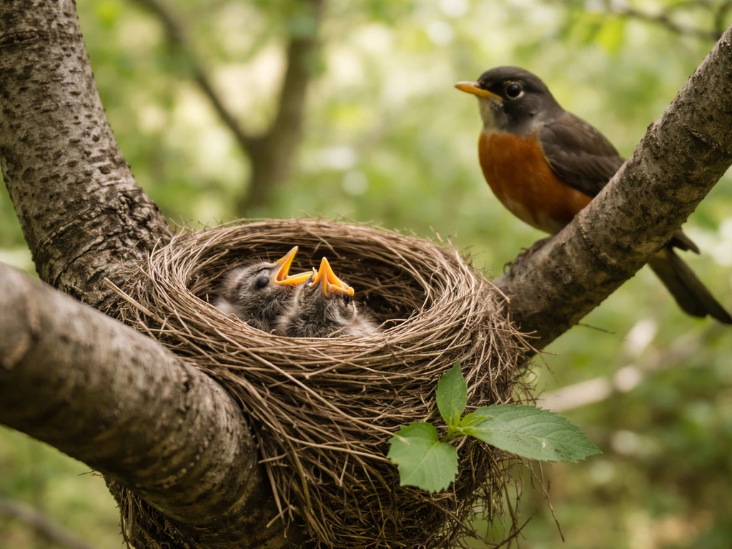 Small bird nest with downy chicks on a low branch, parent perched nearby, shot from a safe distance.