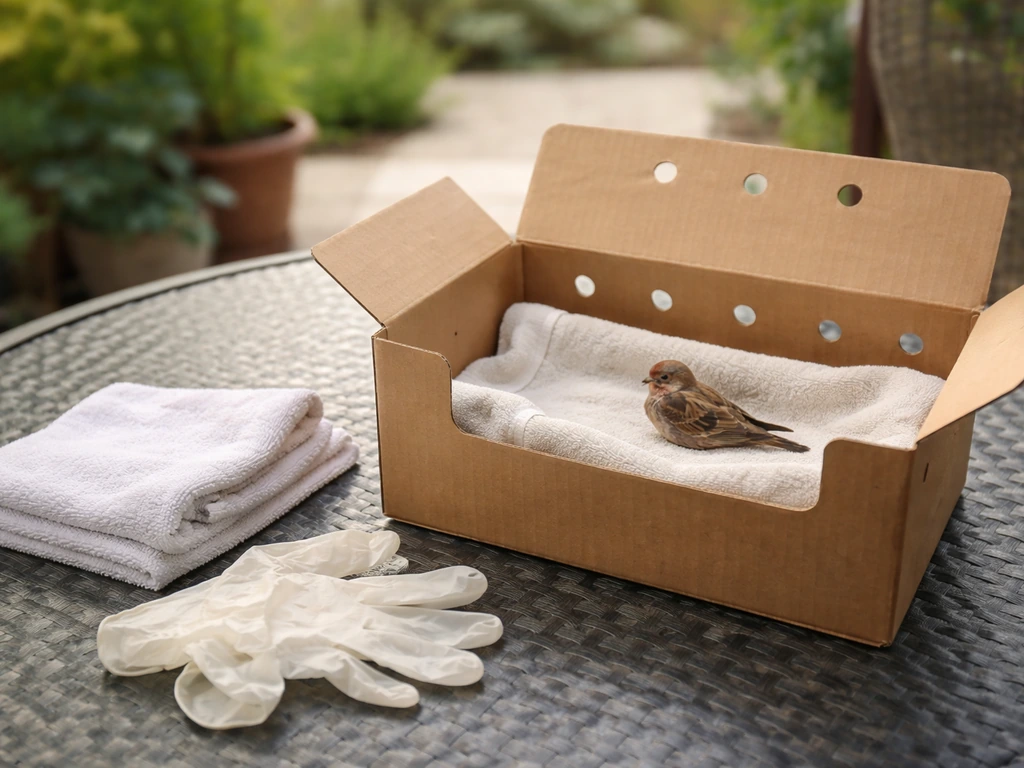 Wild bird safely contained in a ventilated box with gloves and towel beside it in a quiet backyard.