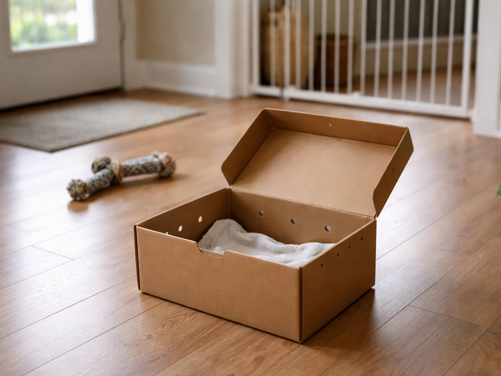 Open cardboard box with a secure lid on the floor, with a closed gate suggesting pets have been removed.