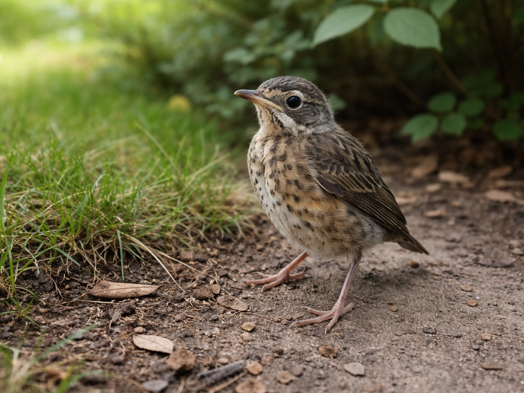 Mostly feathered fledgling bird on the ground near grass and low brush in daylight.