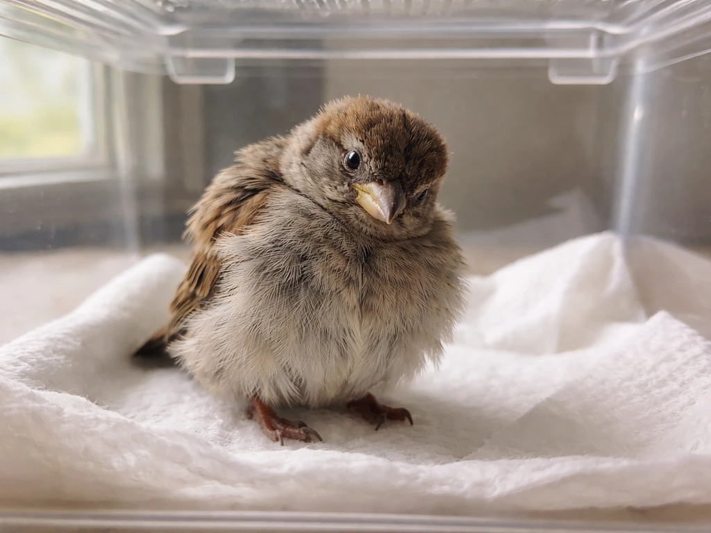A small sick bird puffed up with a head tilt inside a safe ventilated rescue container.
