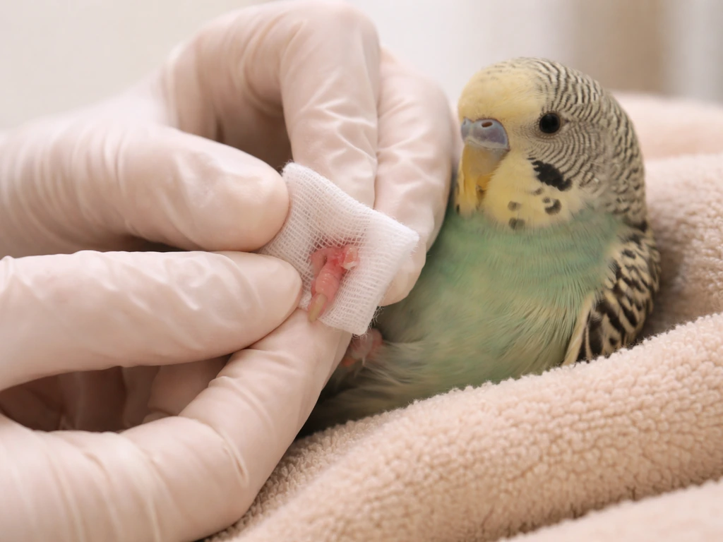Gloved hands gently press clean gauze on a small bird leg wound in natural light.