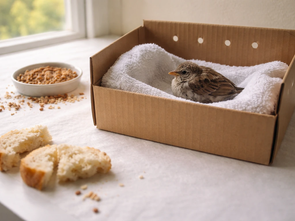 Close-up of a wild bird rescue setup with bread and worms/birdseed shown away, no feeding happening
