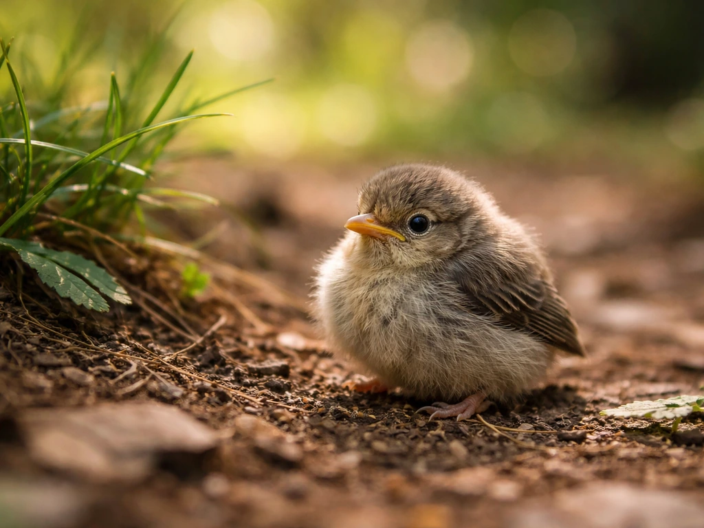Small fledgling bird on the ground in soft morning light with a simple forest floor background.