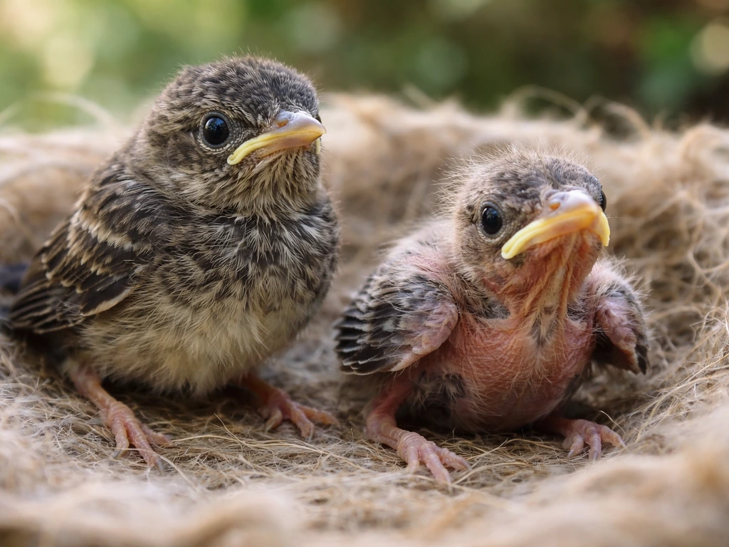 Close-up of two baby birds side by side: one mostly feathered and one with sparse, naked skin.