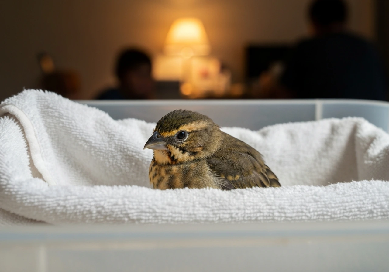 Small bird resting in a quiet recovery container with warm background light, calm but urgent mood
