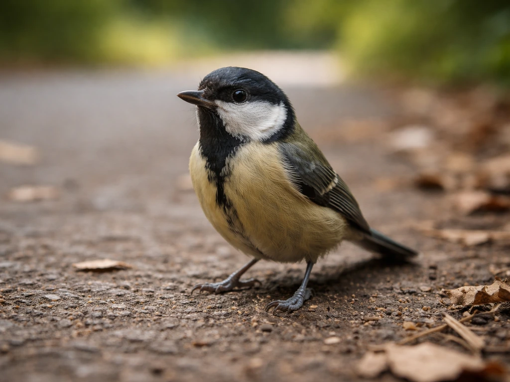 Close-up photo of a small wild bird being quietly observed at ground level, alert posture, no handling.