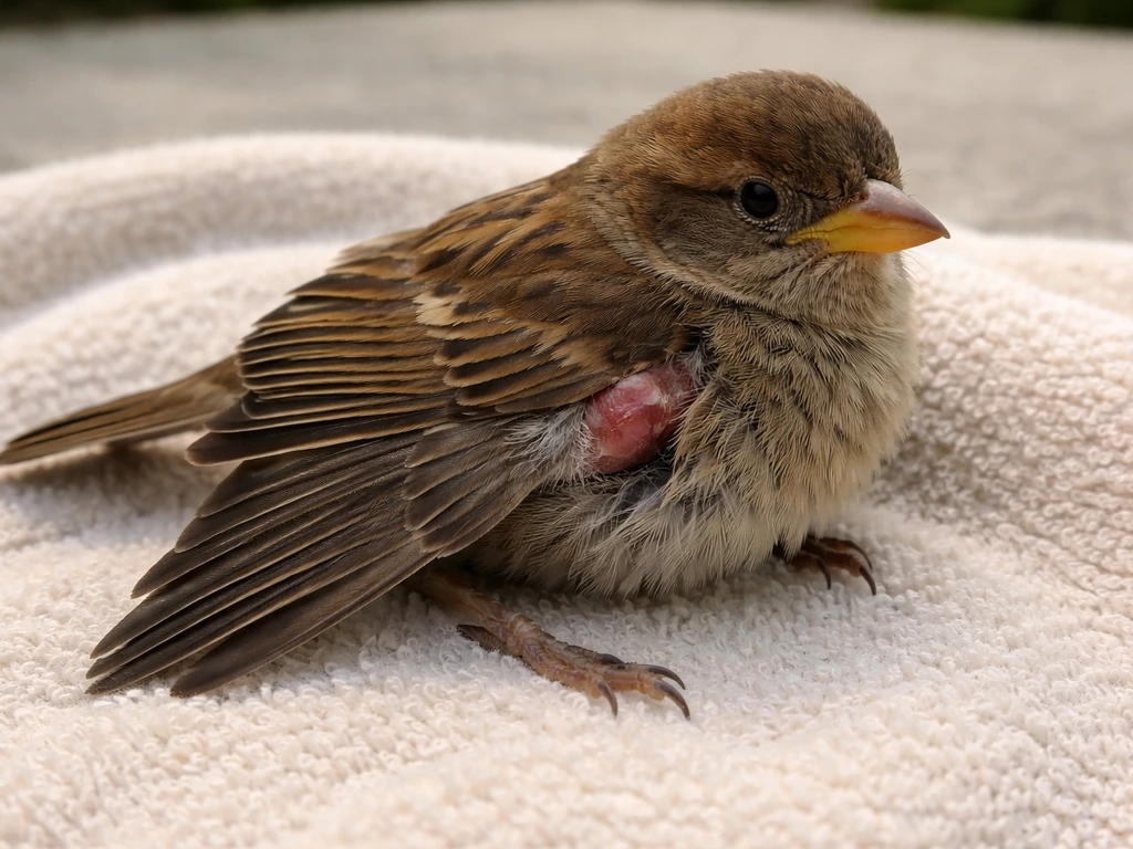 Close-up of a small bird on a towel with a drooping wing and a visible bare skin patch near the injury.