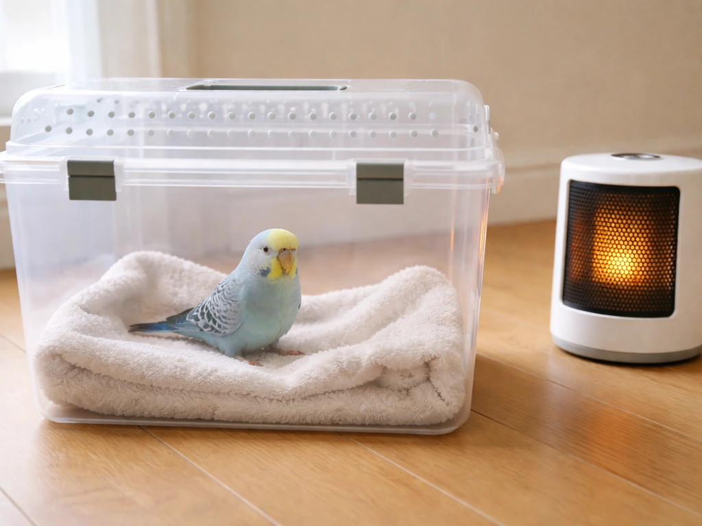 Small bird in a towel-lined carrier with a safely placed warm heating source beside it.