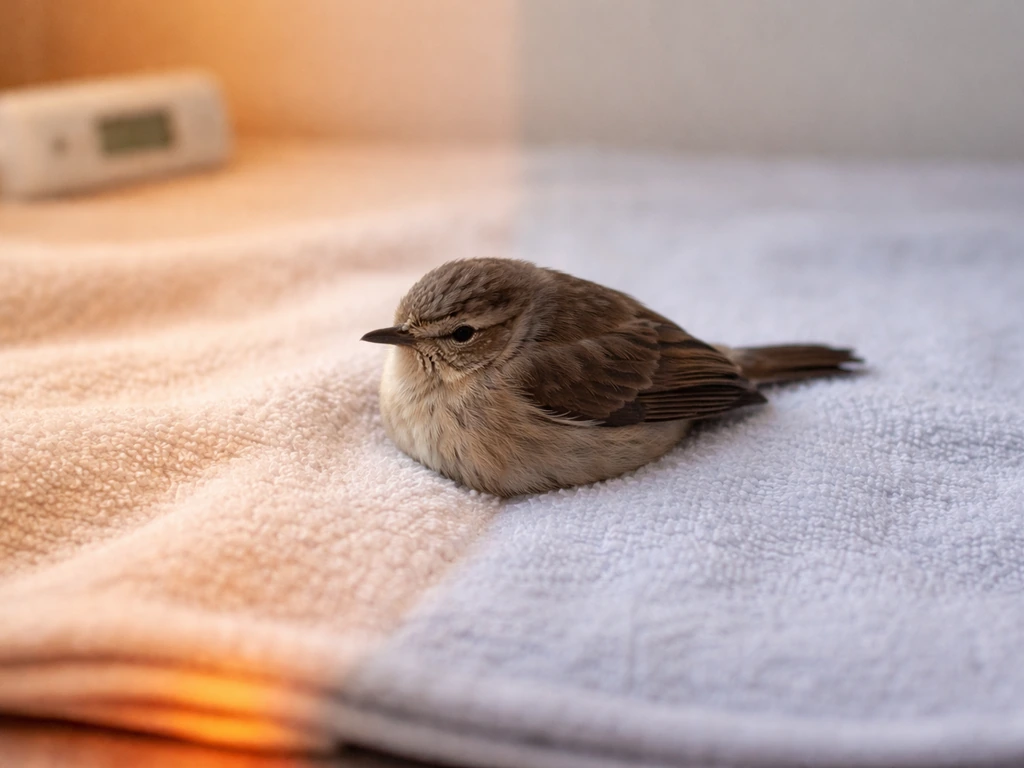 Small bird resting on a towel with subtle warm vs cool areas to suggest different health causes.