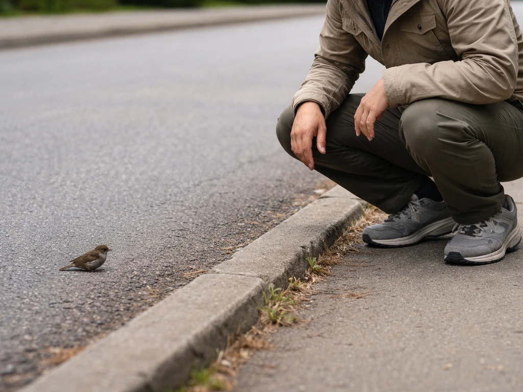A rescuer crouches near a roadway edge, observing a small bird from a safe distance before handling.
