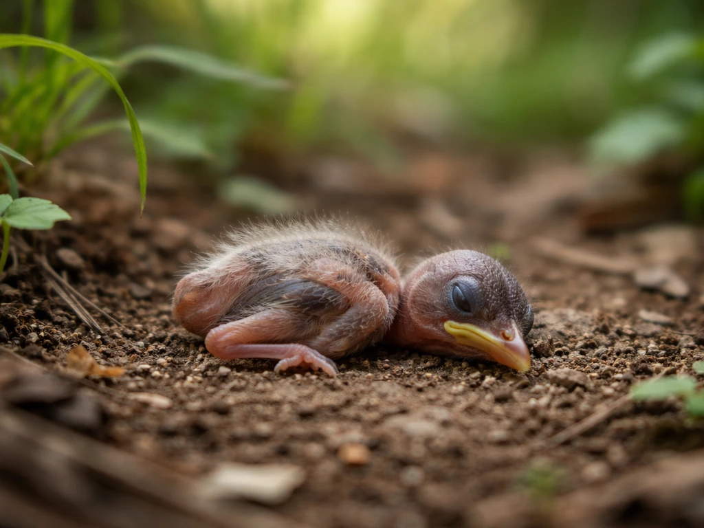 Tiny nestling with sparse down lying on the ground near grass and leaves, eyes closed.