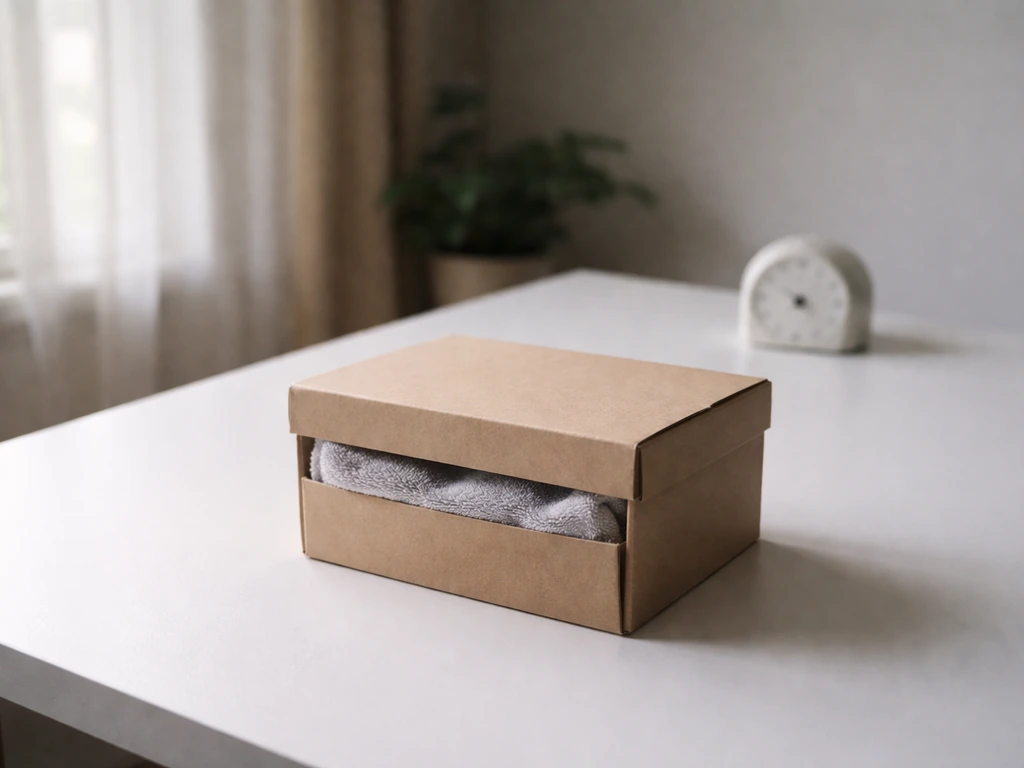 A cloth-lined cardboard recovery box closed on a table in a dim quiet room with a simple timer nearby.