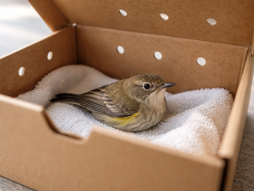 Small bird resting calmly in a soft-lined cardboard box with punched air holes, ready for vet transfer