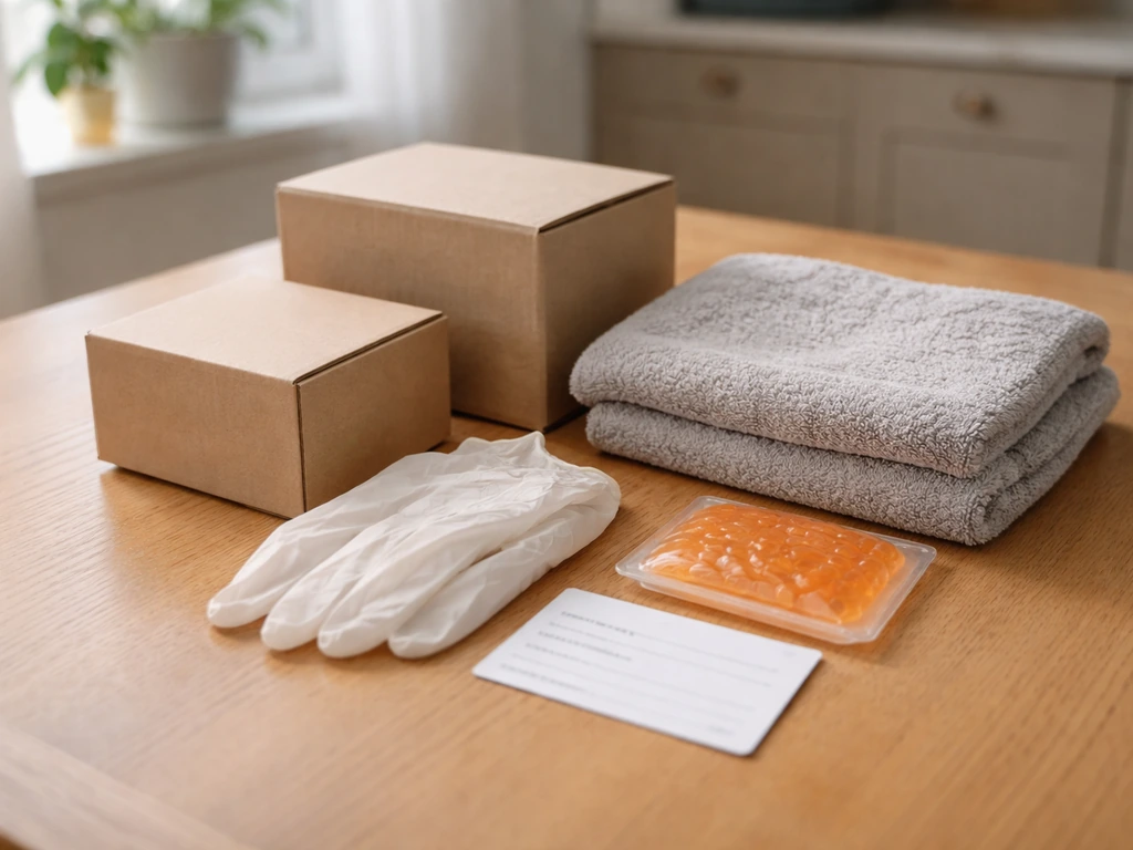 Neat bird-rescue starter kit on a table with cardboard boxes, gloves, towel, heat pack, and a rehab contact card
