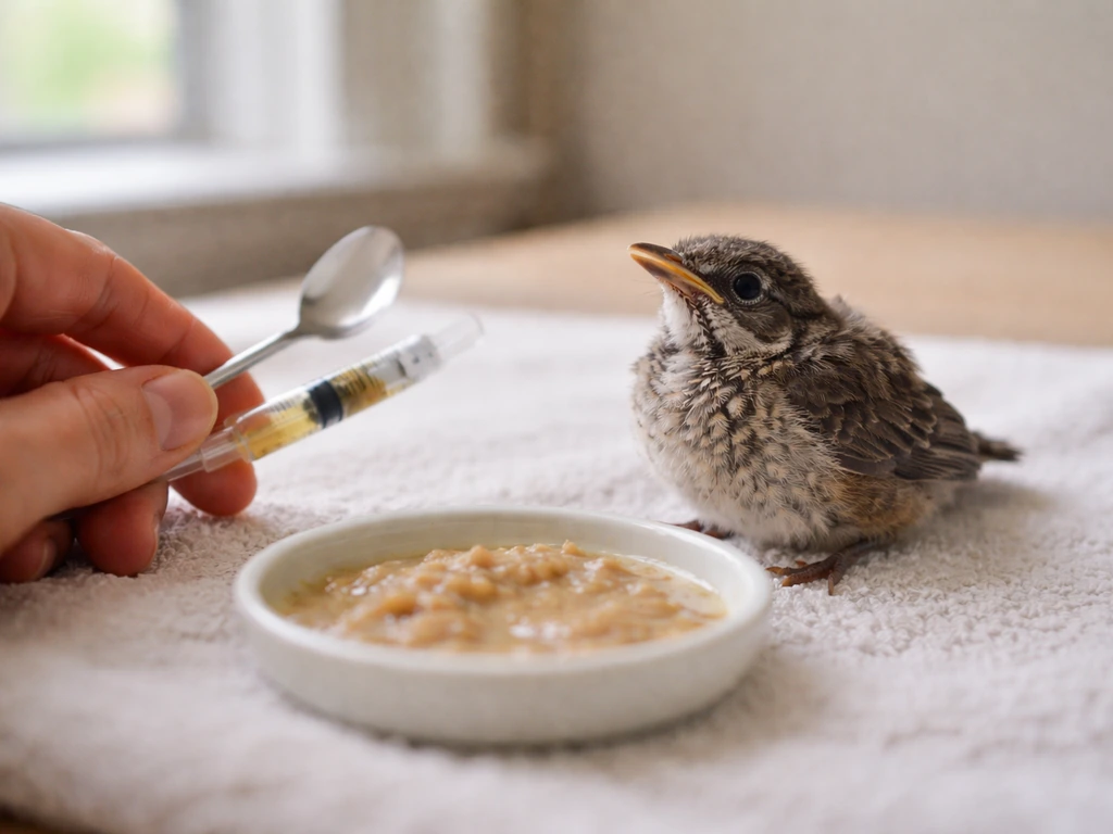 Nestling bird near a shallow dish of soft food as a caregiver’s hand and feeding tools move away