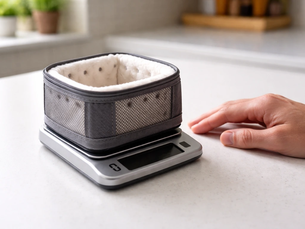 Small digital gram scale with a lined bird-safe container ready for daily weighing checks.