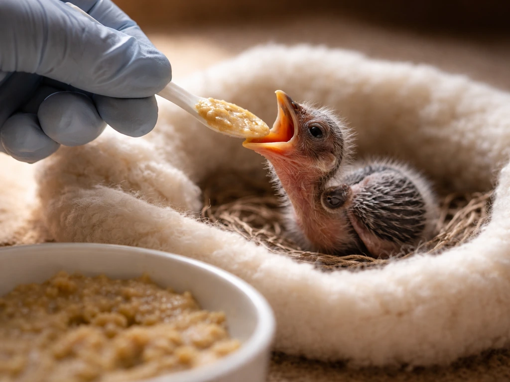 Hand-feeding syringe gently removed from a nestling as a shallow self-feeding dish is offered.