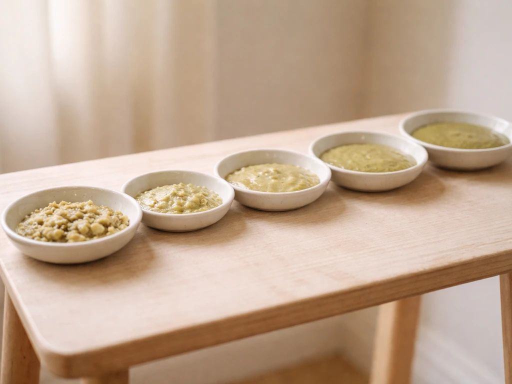 Close-up of shallow dishes with moist mashed bird food transitioning from soft to smoother texture.