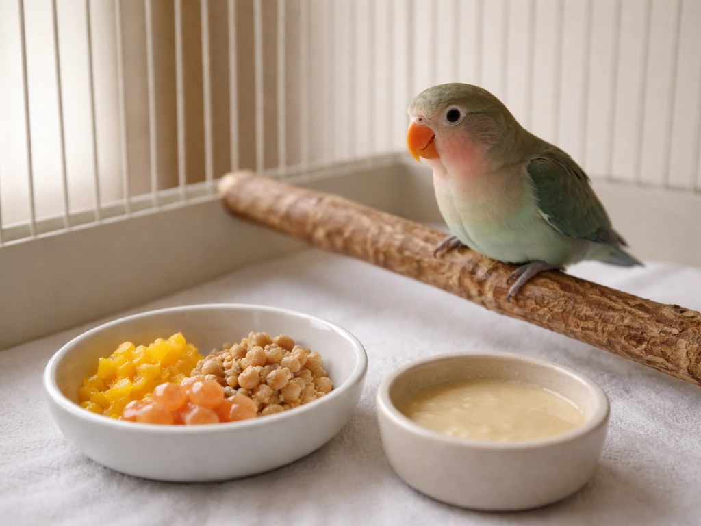 Small bird in a tidy enclosure next to two bowls with solid weaning foods and formula nearby.