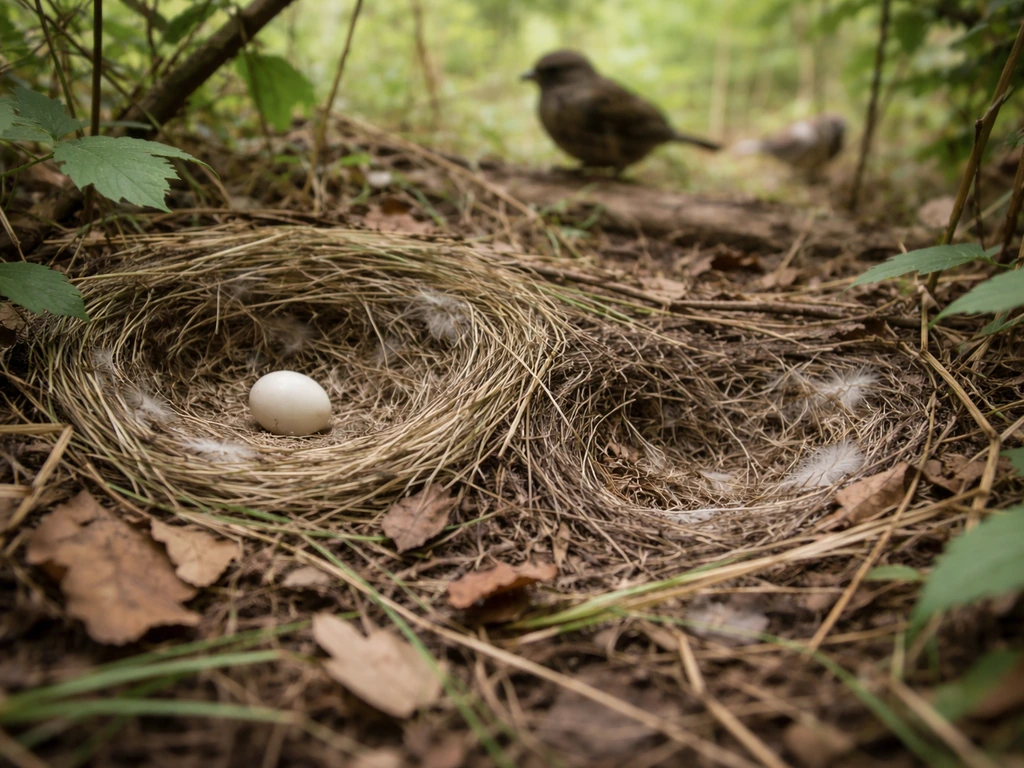 Minimal nature scene showing an intact-and-slightly-damaged nest area with an egg and adult birds nearby.