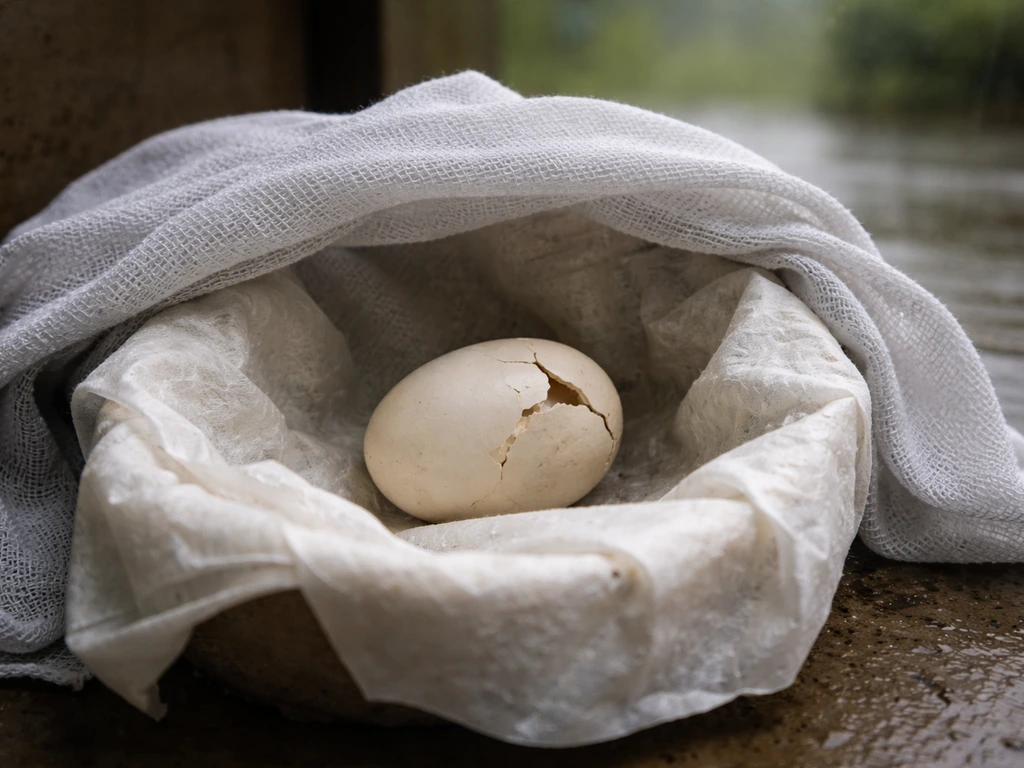 Close-up of a cracked egg resting in a warm lined container with a cover, suggesting urgent rescue.