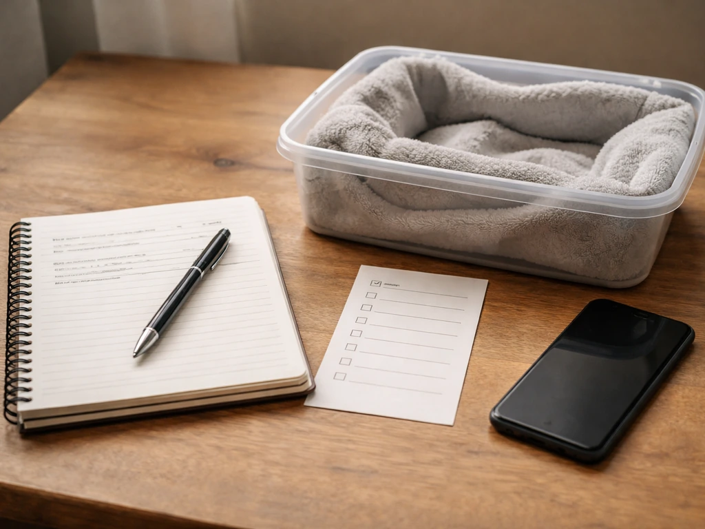 Minimal tabletop scene with a notepad checklist, pen, and a prepared container for wildlife help handoff.