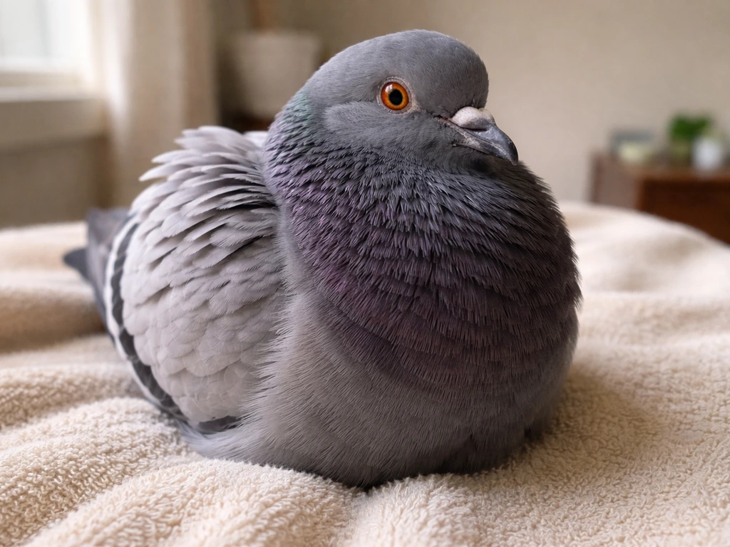 Close-up of a grounded dove on a soft towel, feathers slightly fluffed, suggesting possible triage states.