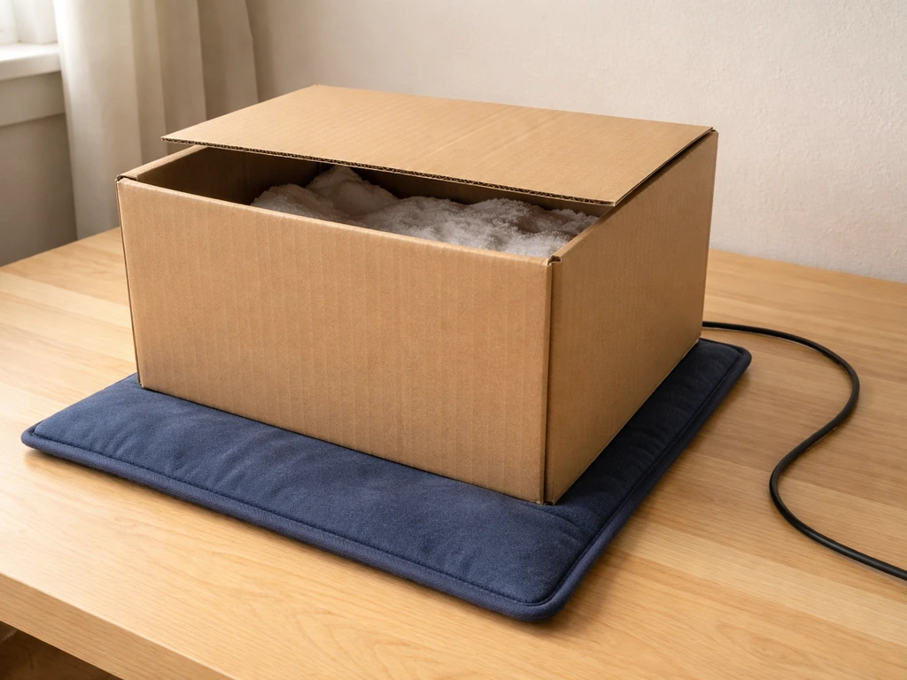 Heating pad under half of an emergency cardboard box to create a warm zone for a recovering dove.
