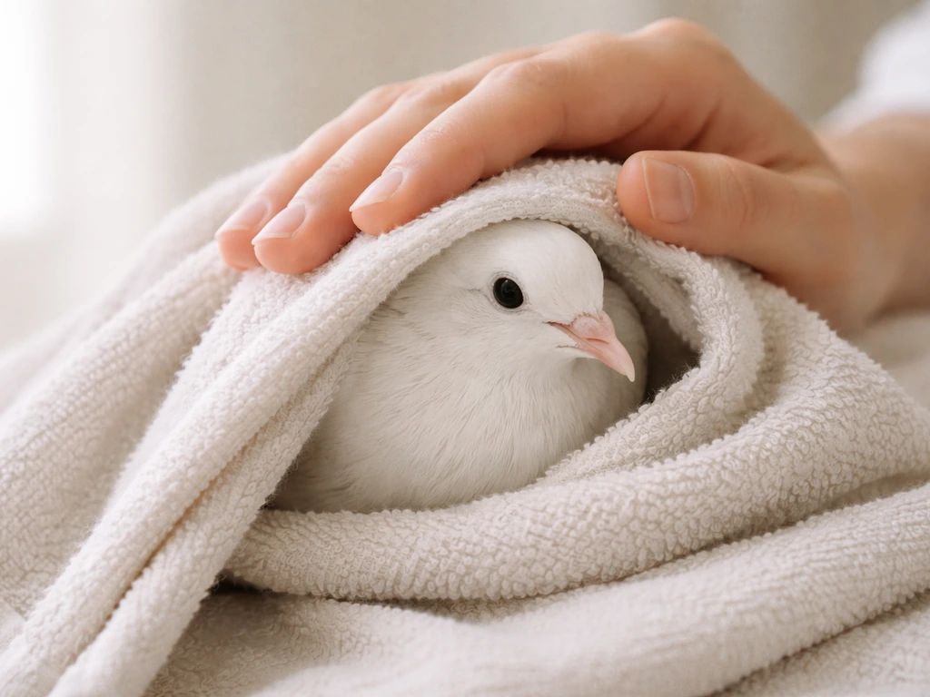 A small white dove gently supported on a handler’s hand with a soft towel to reduce stress.