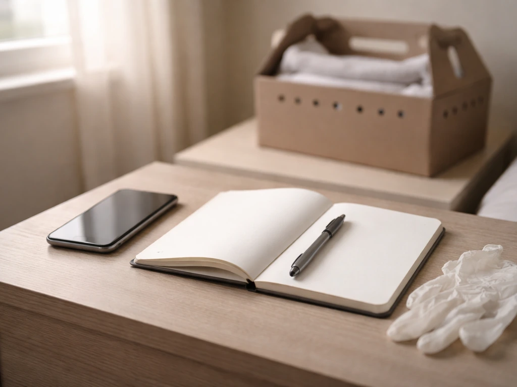 Prep desk with open blank notebook, pen, dark smartphone, and gloves beside a towel-lined carrier.
