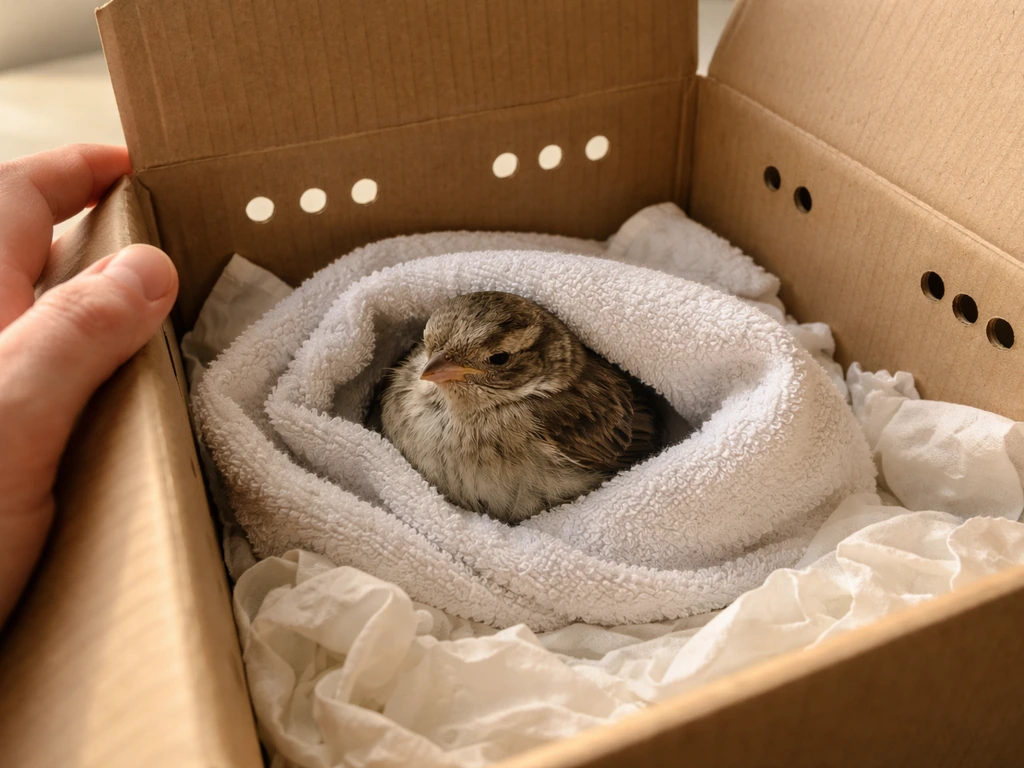 Towel-covered injured bird resting calmly in a lined ventilated cardboard box for humane triage.