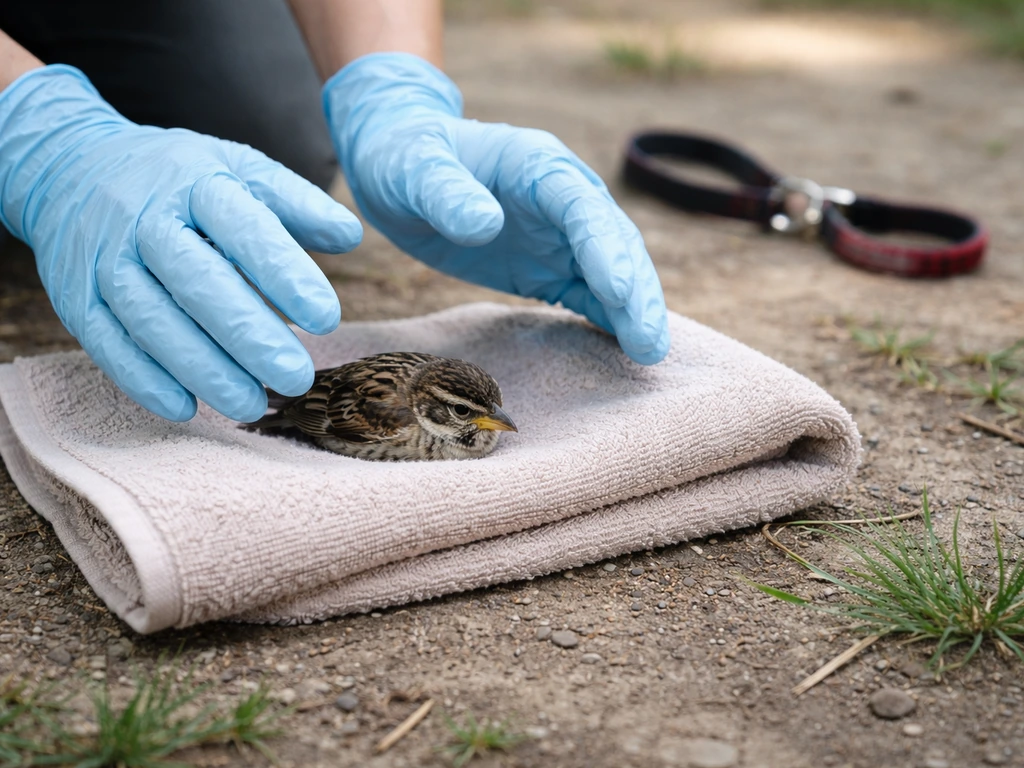 Gloved hands using a towel as a barrier while an injured wild bird rests on the ground.