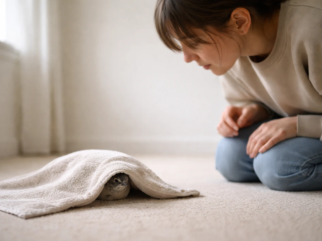 Person crouched low beside a side approach to a covered stressed bird with a towel.