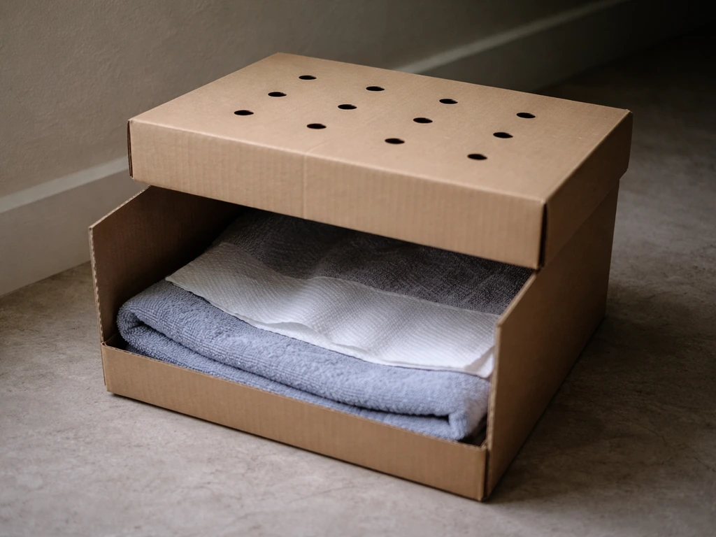 A dim indoor cardboard box with a towel-lined bottom and a vented lid, ready for transporting a bird.